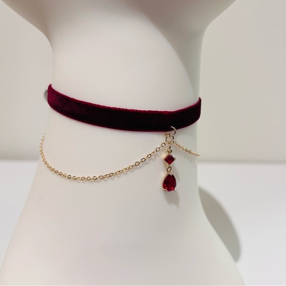 Red Velvet & Gold Beaded Drop Chain Dainty 2-In-1 Choker Necklace - Picture 2 of 4